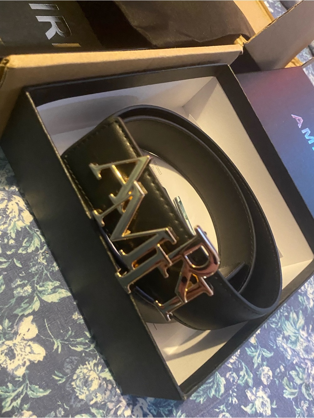AMIRI Black Leather Belt with Gold Logo Buckle